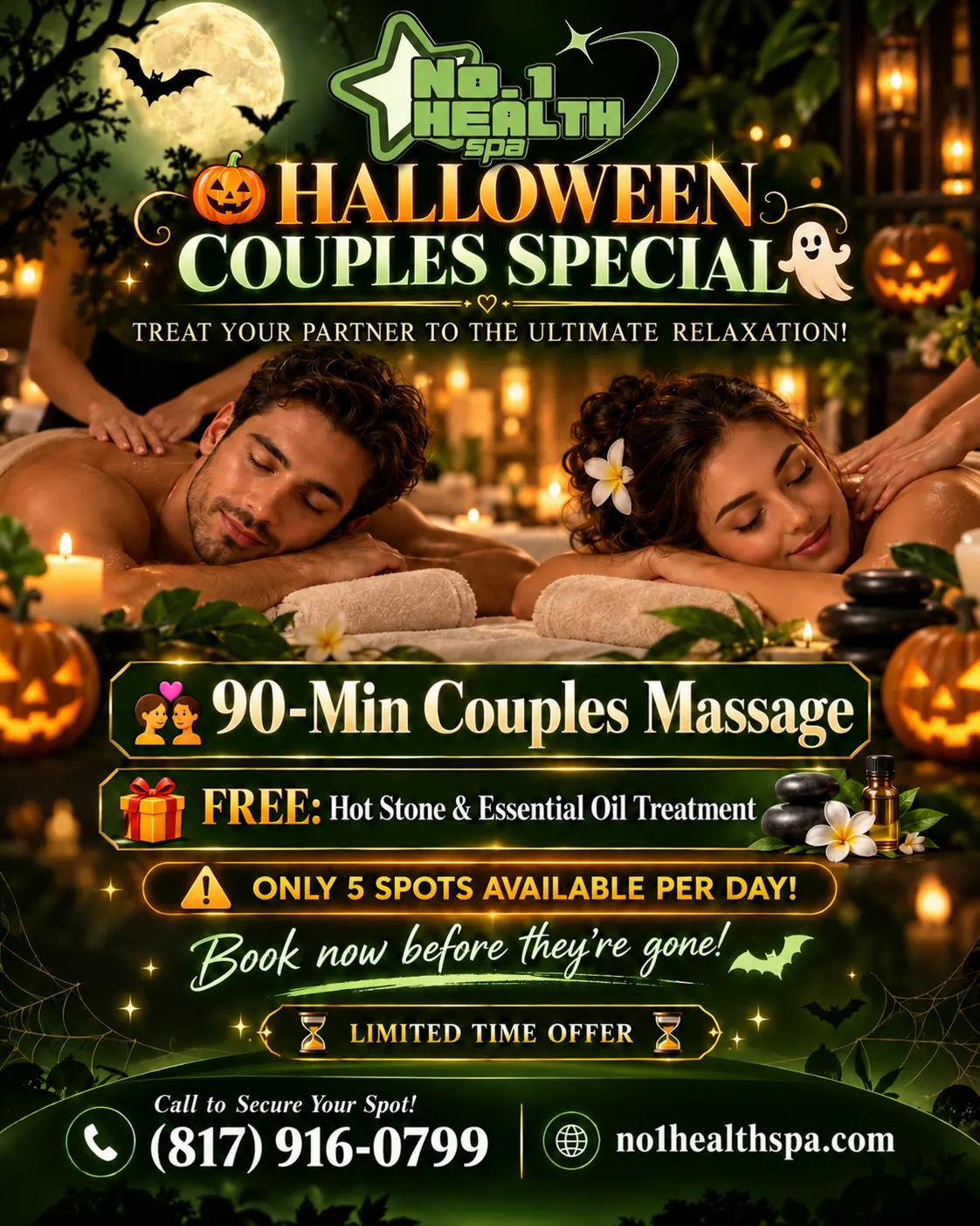 Halloween Couples Special - 90-Min Couples Massage with Free Hot Stone and Essential Oil Treatment